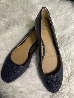 Tory Burch Navy Leather Logo Ballet Flats